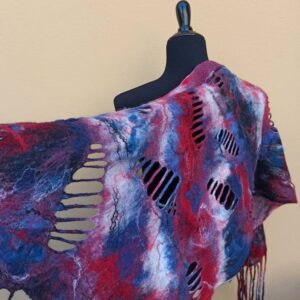 Red and Blue holes big wetfelted scarf stole shawl. Hand dyed margilan silk and Merino wool. Original accessory to add colorful accent.