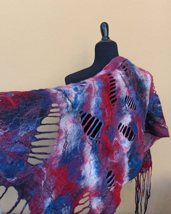Red and Blue holes big wetfelted scarf stole shawl. Hand dyed margilan silk and Merino wool. Original accessory to add colorful accent.