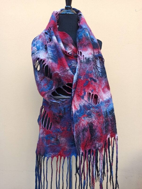 Red and Blue holes big wetfelted scarf stole shawl. Hand dyed margilan silk and Merino wool. Original accessory to add colorful accent.