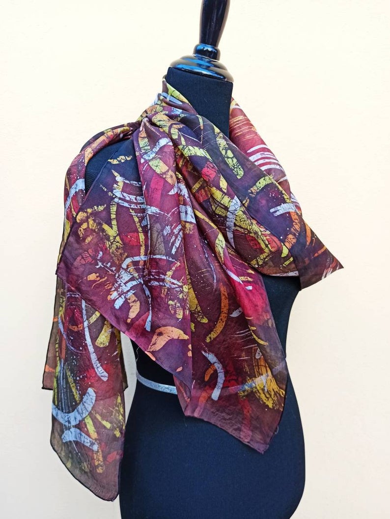 Energy movements hand painted 100% silk scarf. Original colorful accessory. Best gift for her