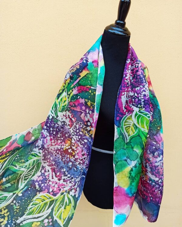 The smell of lilac hand painted batik 100% silk scarf. Original colorful accessory to create authentic accent to your outfit.