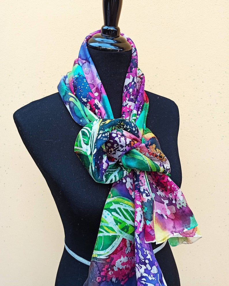 The smell of lilac hand painted batik 100% silk scarf. Original colorful accessory to create authentic accent to your outfit.