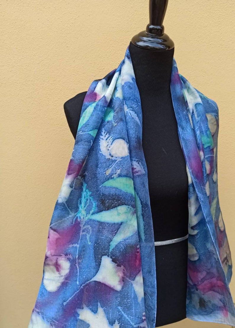 Botanical print 100% silk scarf with real leaves imprinted on. Original gift accessory for women.