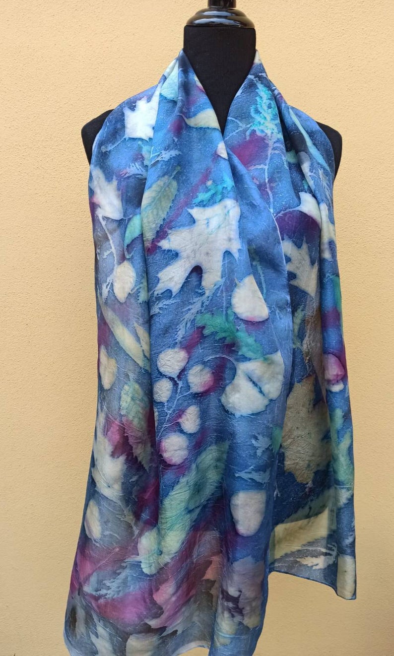 Botanical print 100% silk scarf with real leaves imprinted on. Original gift accessory for women.