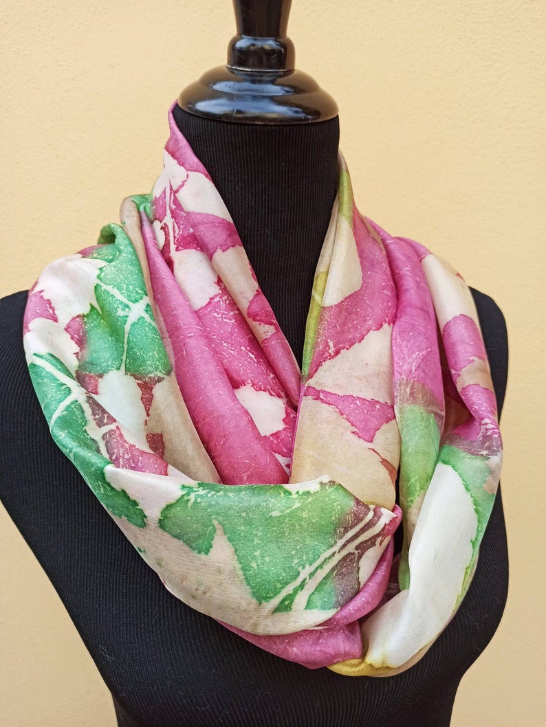Red and green botanical print 100% silk scarf. Original accessory to combine any outfit. Best gift for women.