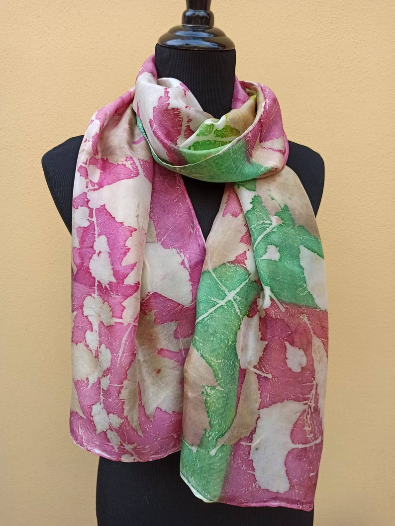 Red and green botanical print 100% silk scarf. Original accessory to combine any outfit. Best gift for women.