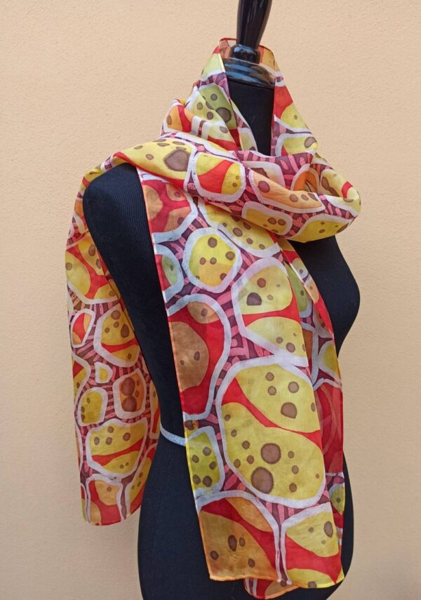 Red and yellow abstract batik hand painted 100% silk scarf. Original accessory to create colorful accent to your outfit. Best gift for her