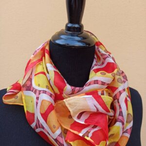 Red and yellow abstract batik hand painted 100% silk scarf. Original accessory to create colorful accent to your outfit. Best gift for her