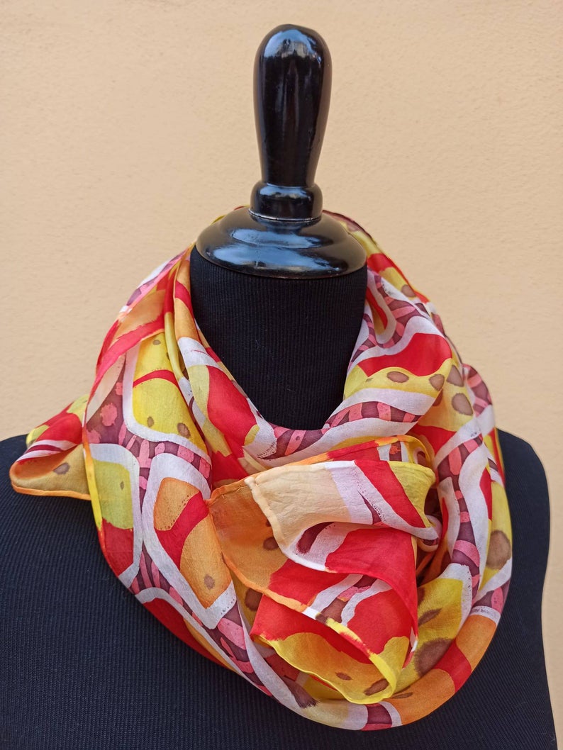 Red and yellow abstract batik hand painted 100% silk scarf. Original accessory to create colorful accent to your outfit. Best gift for her