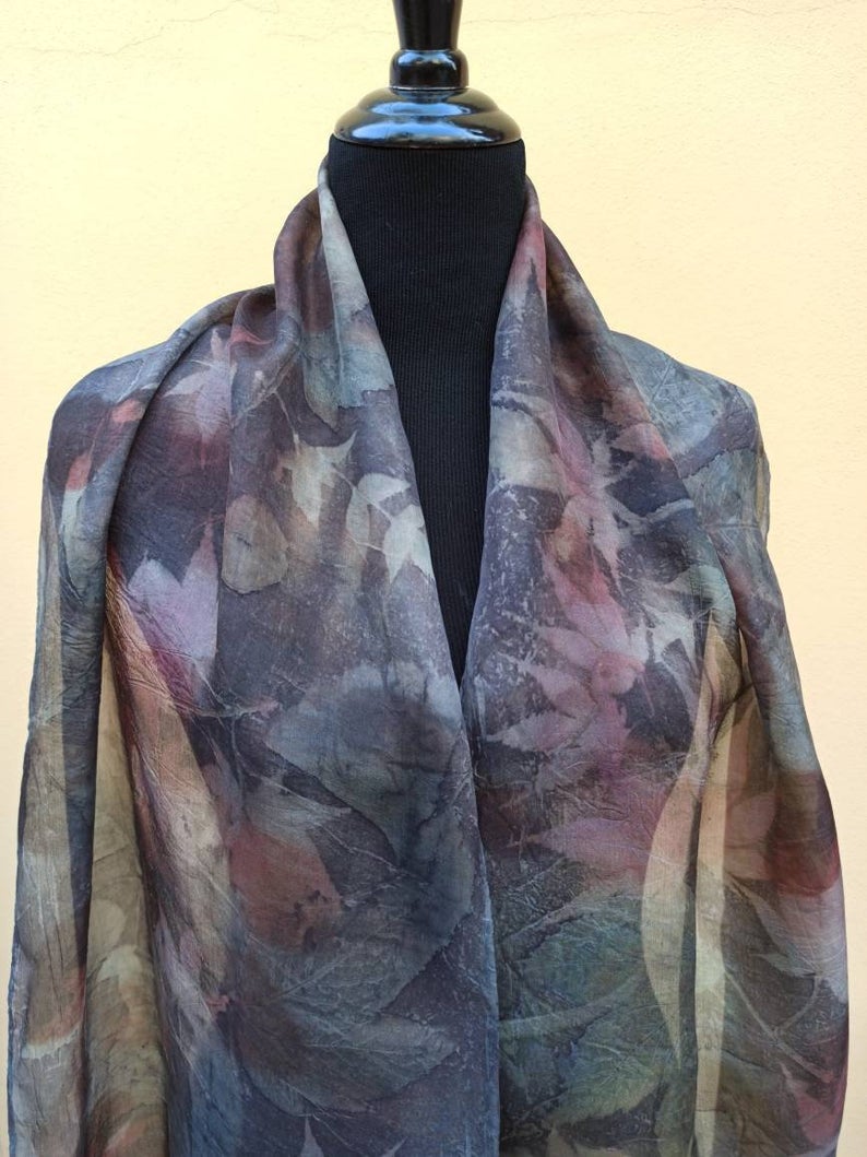 Purple rain. Botanical print 100% silk scarf. Hand dyed with natural dyes and imprinted with leaves. Delicate colours from nature for her.