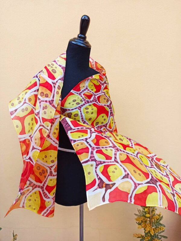 Red and yellow abstract batik hand painted 100% silk scarf. Original accessory to create colorful accent to your outfit. Best gift for her