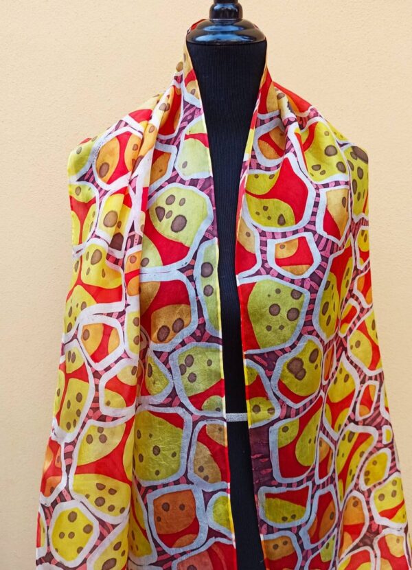 Red and yellow abstract batik hand painted 100% silk scarf. Original accessory to create colorful accent to your outfit. Best gift for her