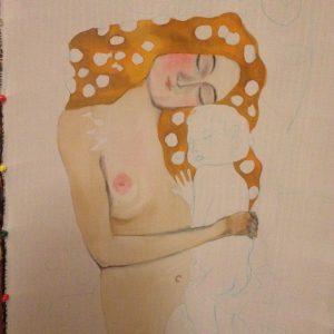 Maternity Gustav Klimt. Hand painted silk wall hanging