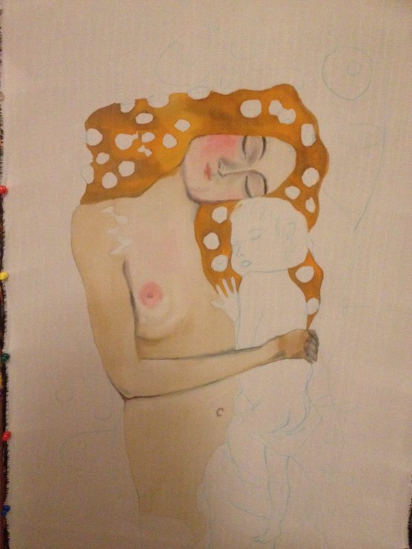 Maternity Gustav Klimt. Hand painted silk wall hanging