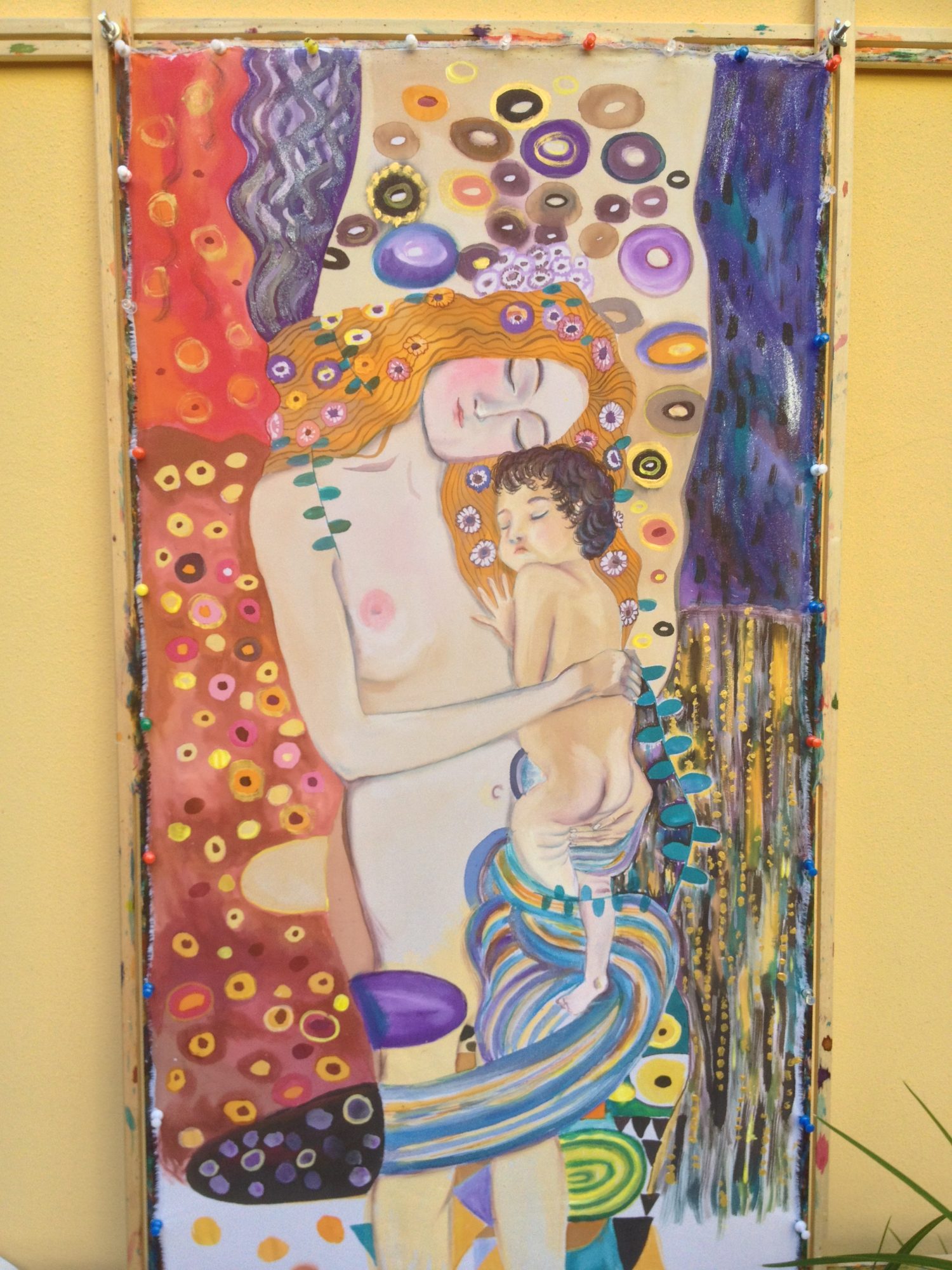 Maternity Gustav Klimt. Hand painted silk wall hanging