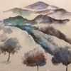 Mountain landscape hand painted 100% silk shirt