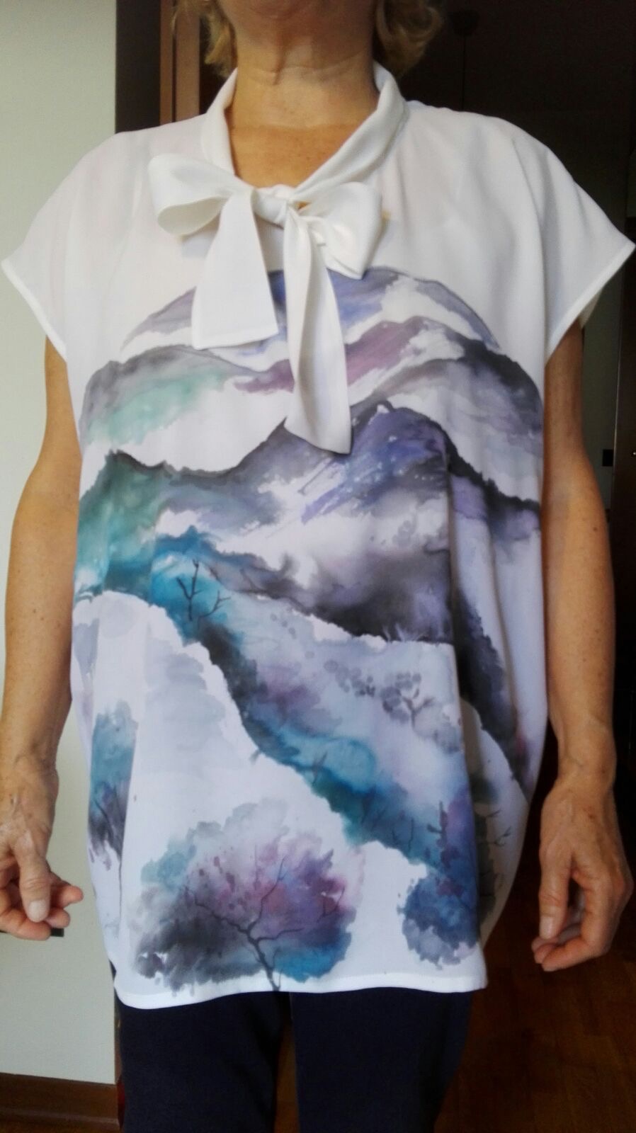 Mountain landscape hand painted 100% silk shirt