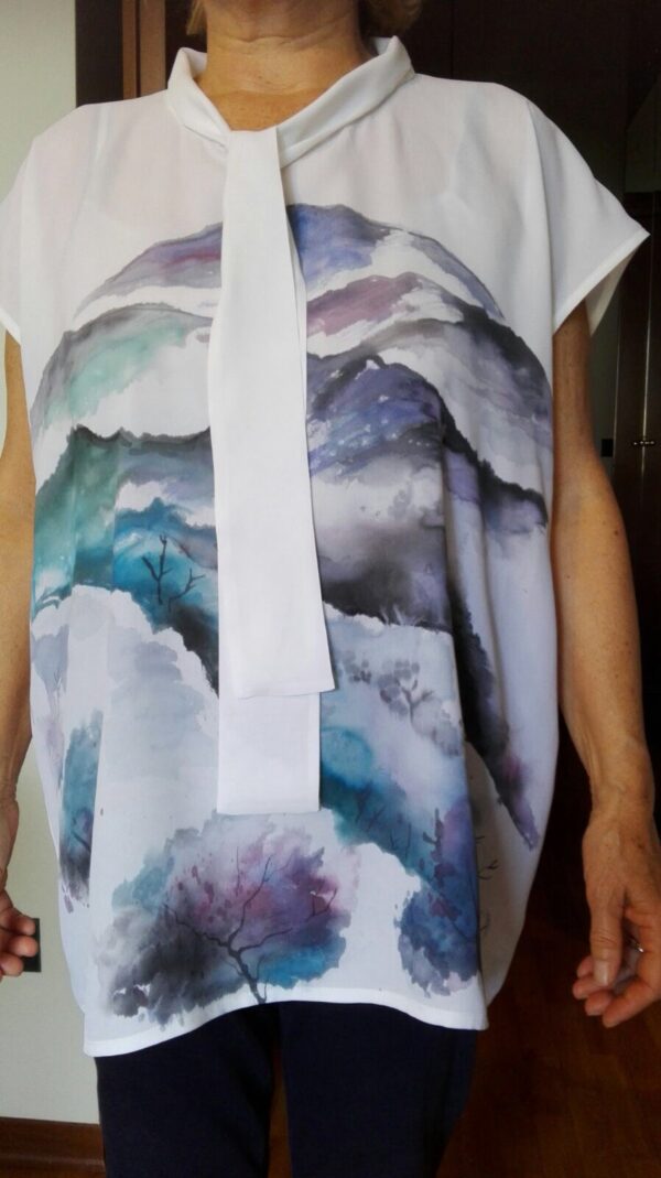 Mountain landscape hand painted 100% silk shirt