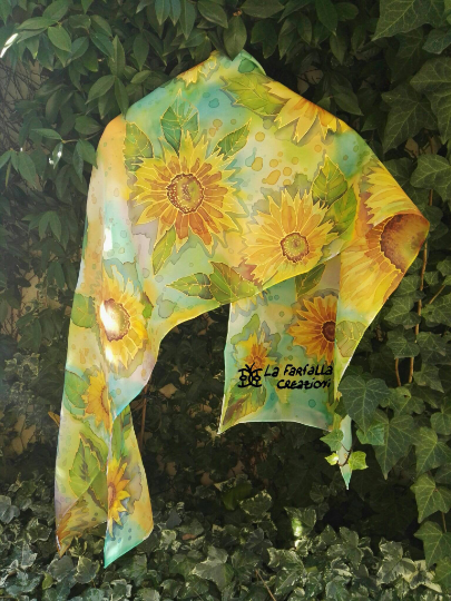 Sunflowers. Long handpainted 100% silk scarf. Best gift for women. Floral fantasy. Vibrant colors
