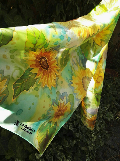 Sunflowers. Long handpainted 100% silk scarf. Best gift for women. Floral fantasy. Vibrant colors