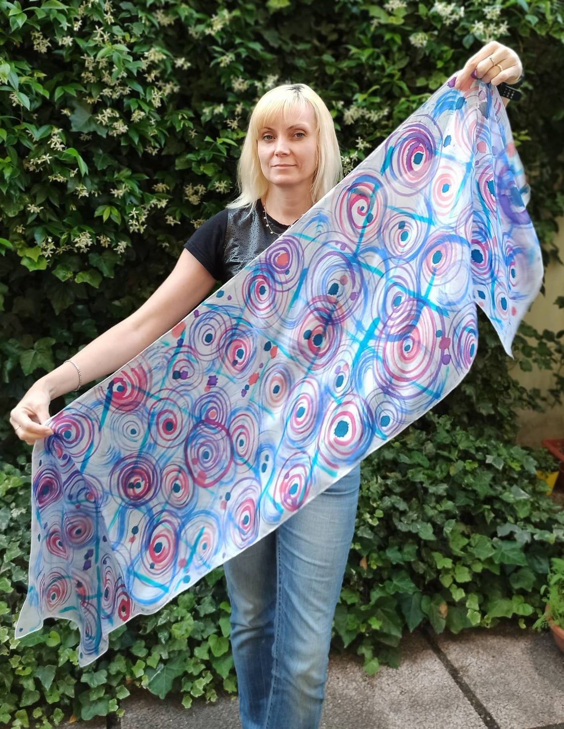 Colourful circles 100% silk hand painted scarf