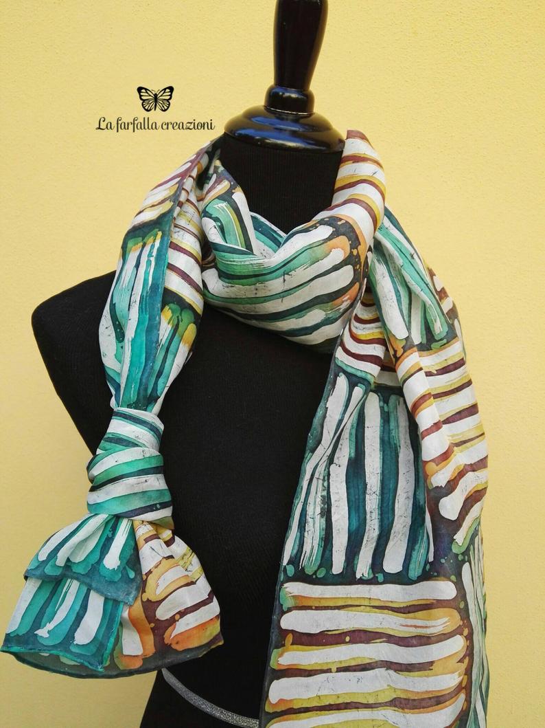 Tribal. Hand painted 100% silk scarf with ethnic design. Original gift for women.