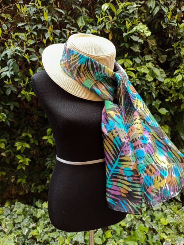 Tropical rain Hand painted long silk scarf batik. Best gift for mom or friend. Original colorful accessory.
