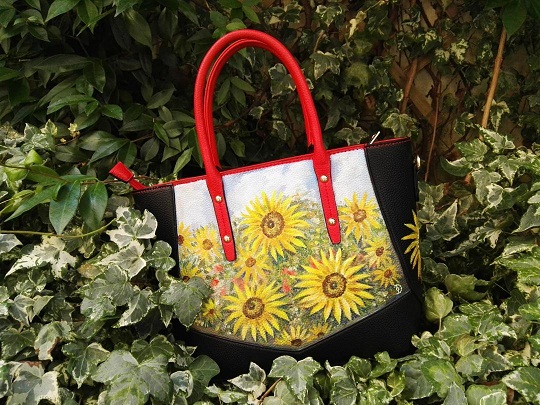 Sunflowers field hand painted faux leather bag