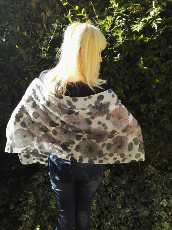 Black and white abstract floral hand painted silk scarf