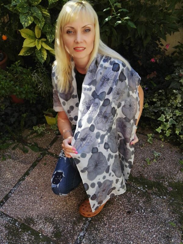 Black and white abstract floral hand painted silk scarf