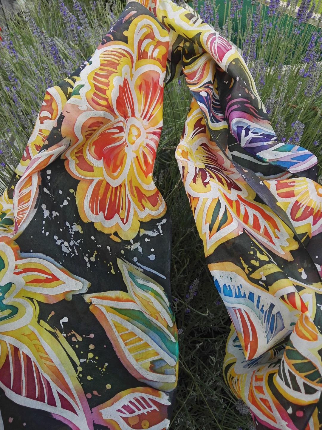 Big flowers Hand painted 100% silk scarf.