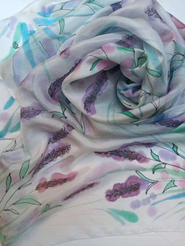 Lavender Hand painting 100% silk summer scarf in delicate colours. Original accessory to wear as headband, scarf, shawl.