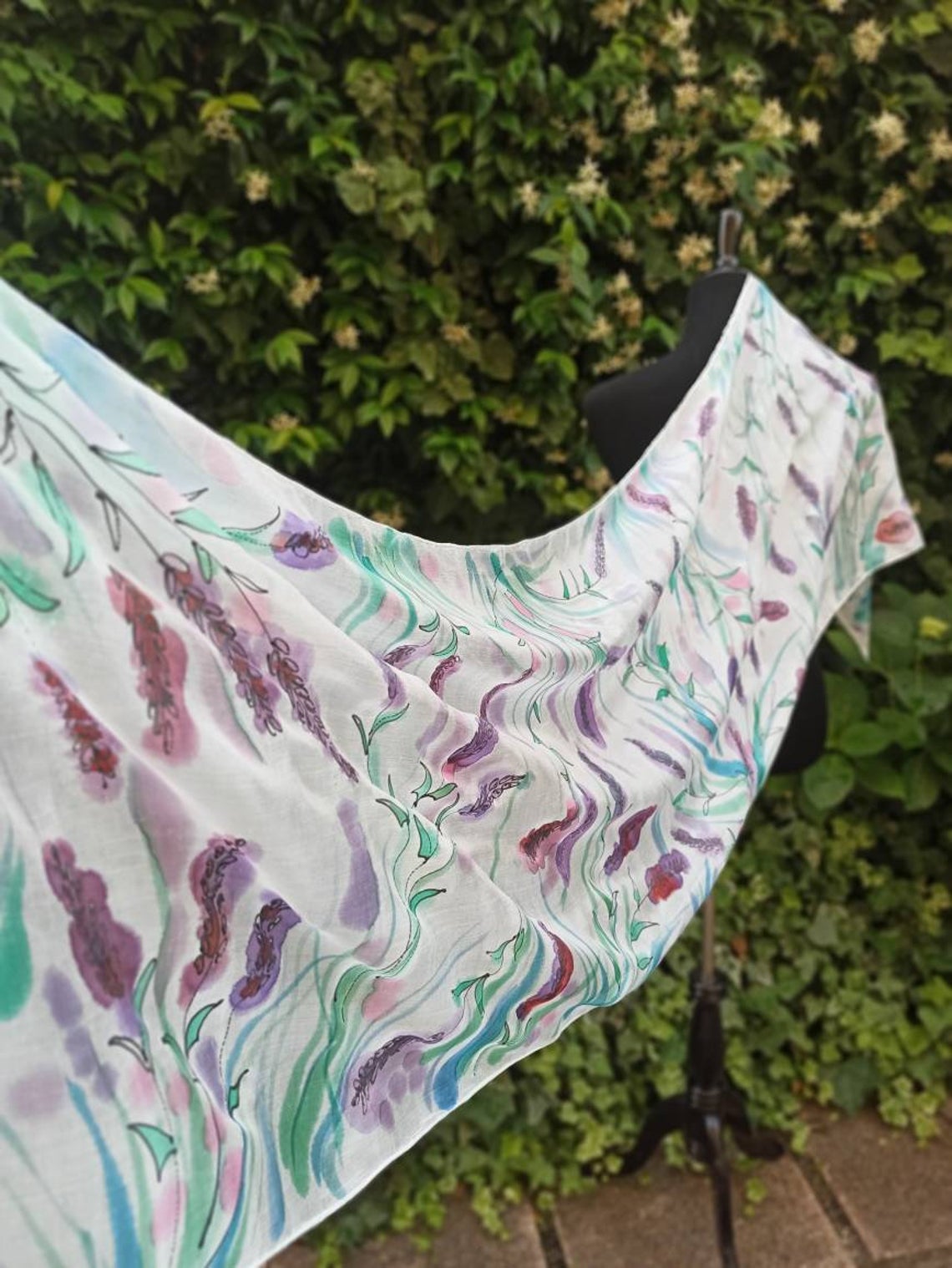 Lavender Hand painting 100% silk summer scarf in delicate colours. Original accessory to wear as headband, scarf, shawl.