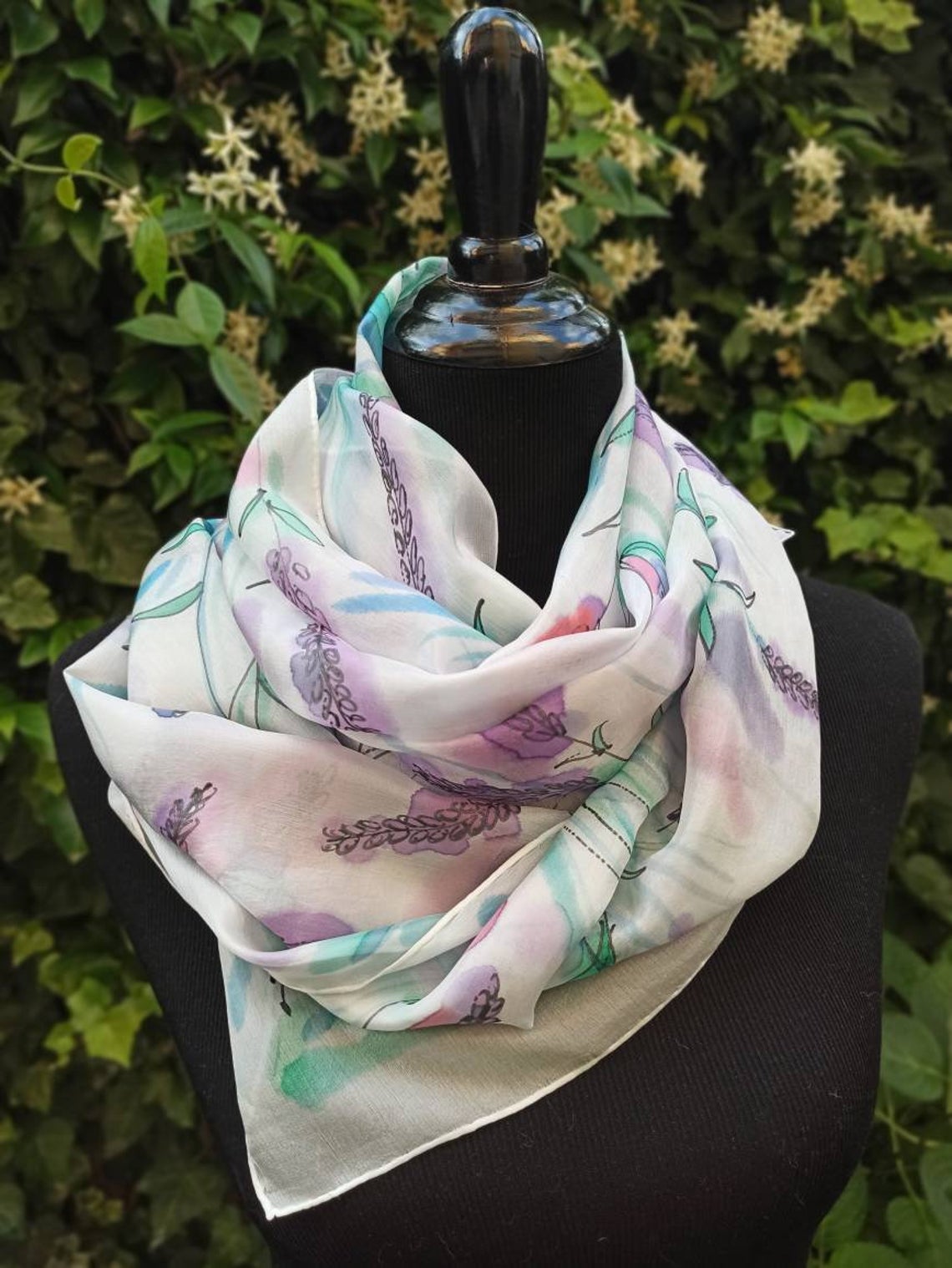 Lavender Hand painting 100% silk summer scarf in delicate colours. Original accessory to wear as headband, scarf, shawl.