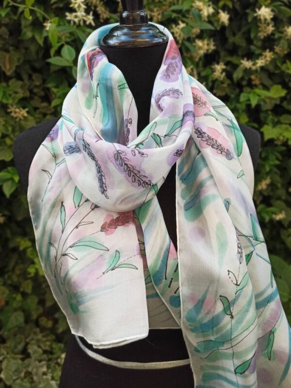 Lavender Hand painting 100% silk summer scarf in delicate colours. Original accessory to wear as headband, scarf, shawl.