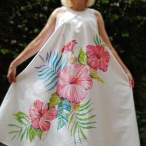 Tropical flowers hand painted long cotton dress
