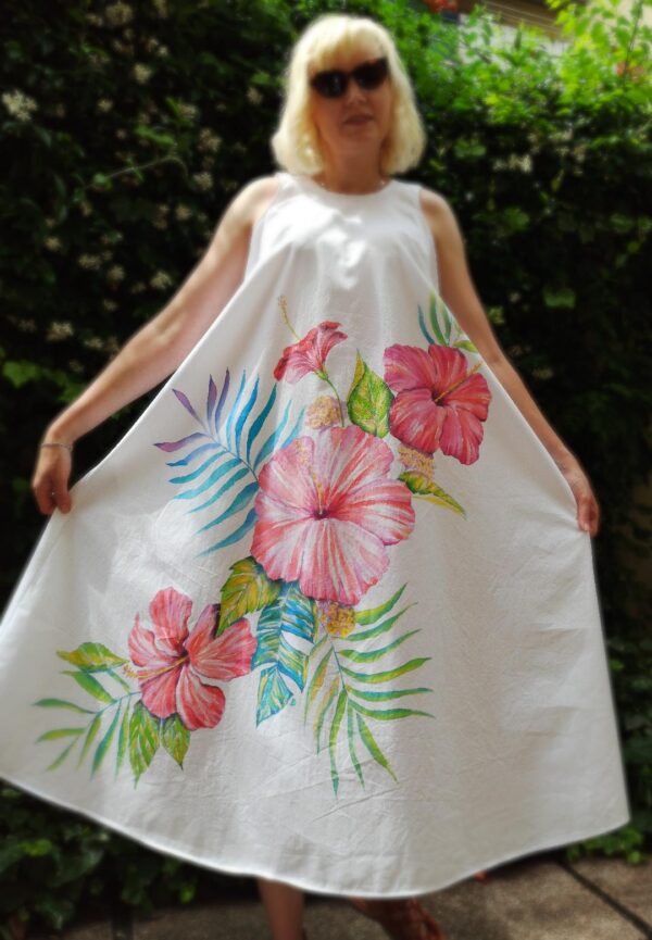 Tropical flowers hand painted long cotton dress