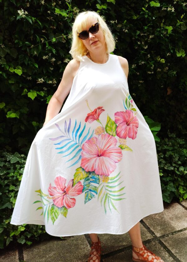 Tropical flowers hand painted long cotton dress