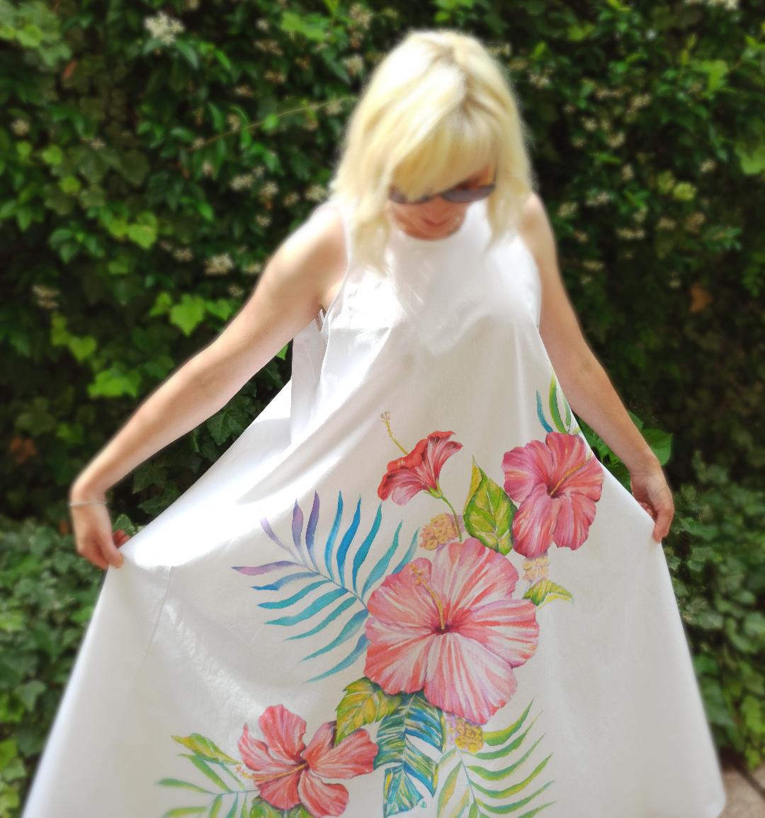 Tropical flowers hand painted long cotton dress
