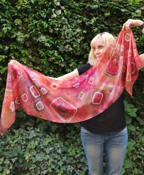 Red shibori hand dyed 100% silk scarf. Colorful accessory for casual o modern outfit