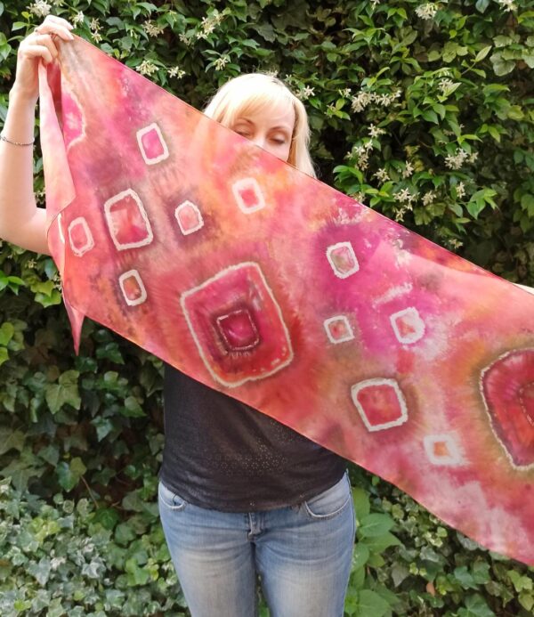 Red shibori hand dyed 100% silk scarf. Colorful accessory for casual o modern outfit