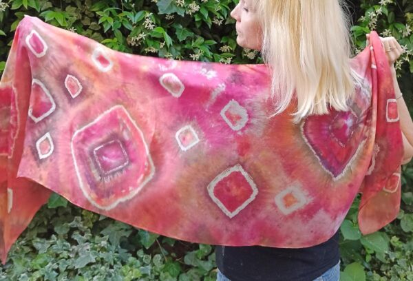 Red shibori hand dyed 100% silk scarf. Colorful accessory for casual o modern outfit