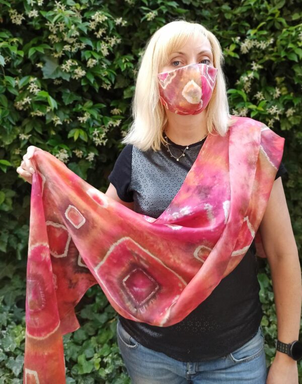 Red shibori hand dyed 100% silk scarf. Colorful accessory for casual o modern outfit