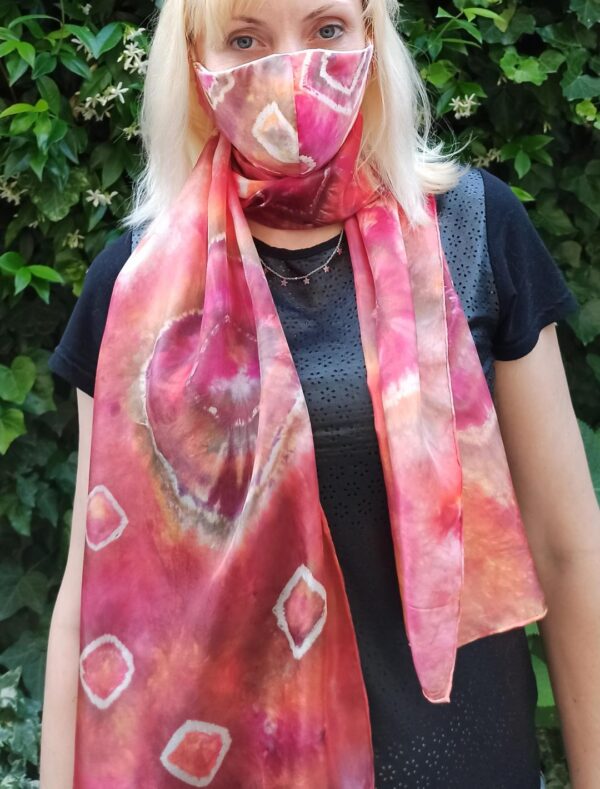 Red shibori hand dyed 100% silk scarf. Colorful accessory for casual o modern outfit