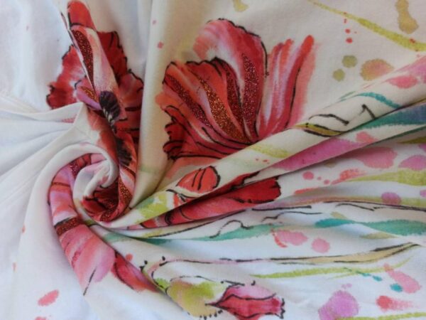 Big Red poppies white cotton v-neck t-shirt with original design.