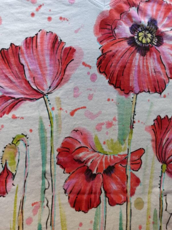 Big Red poppies white cotton v-neck t-shirt with original design.