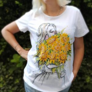 A girl with sunflowers bouquet hand painted white cotton t-shirt.