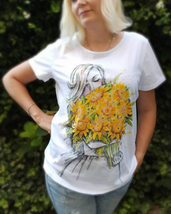 A girl with sunflowers bouquet hand painted white cotton t-shirt.