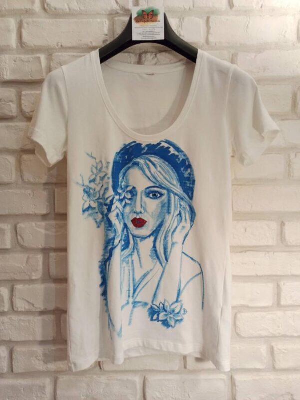Blue girl hand painted round neck cotton t-shirt. Original author’s painting.