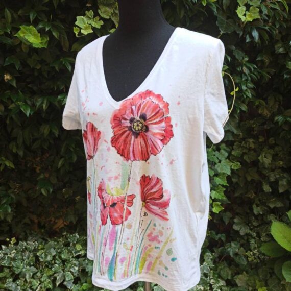 Big Red poppies white cotton v-neck t-shirt with original design.